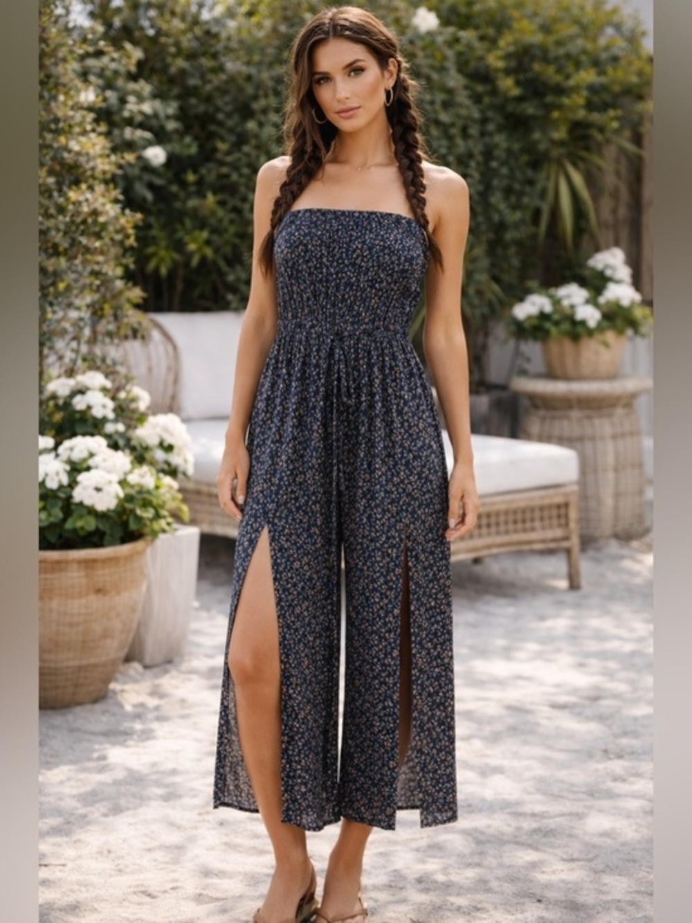Saints & Hearts Made in Mexico Strapless Jumpsuit Floral Tie Waist Split Thigh L